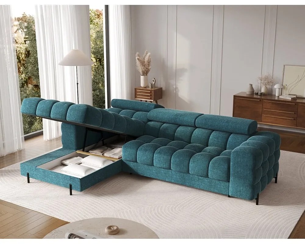 Colțar albastru extensibil/cu spațiu de depozitare cu tapițerie din țesătură bouclé (cu colț pe partea stângă/cu șezlong) Felro – ELTAP