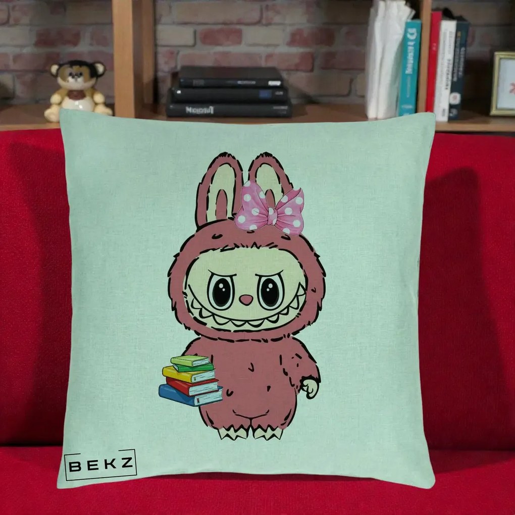 Perna Personalizata Labubu Roz cu Funda si Carti, 40x40 cm, Verde Menta, Husa Detasabila, Perna Inclusa, BEKZ®