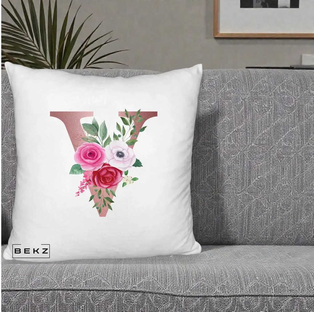 Cadou Personalizat - Perna Personalizata Monograma Rose Gold Litera V, 40x40 cm, Alb Pufos, Husa Detasabila, Perna Inclusa, BEKZ®