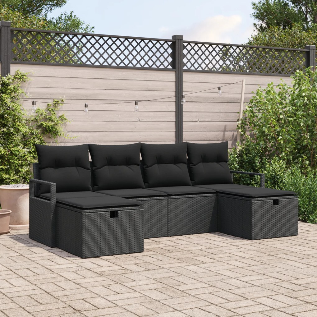 Set canapea grădină 6 piese cu perne din ratan negru