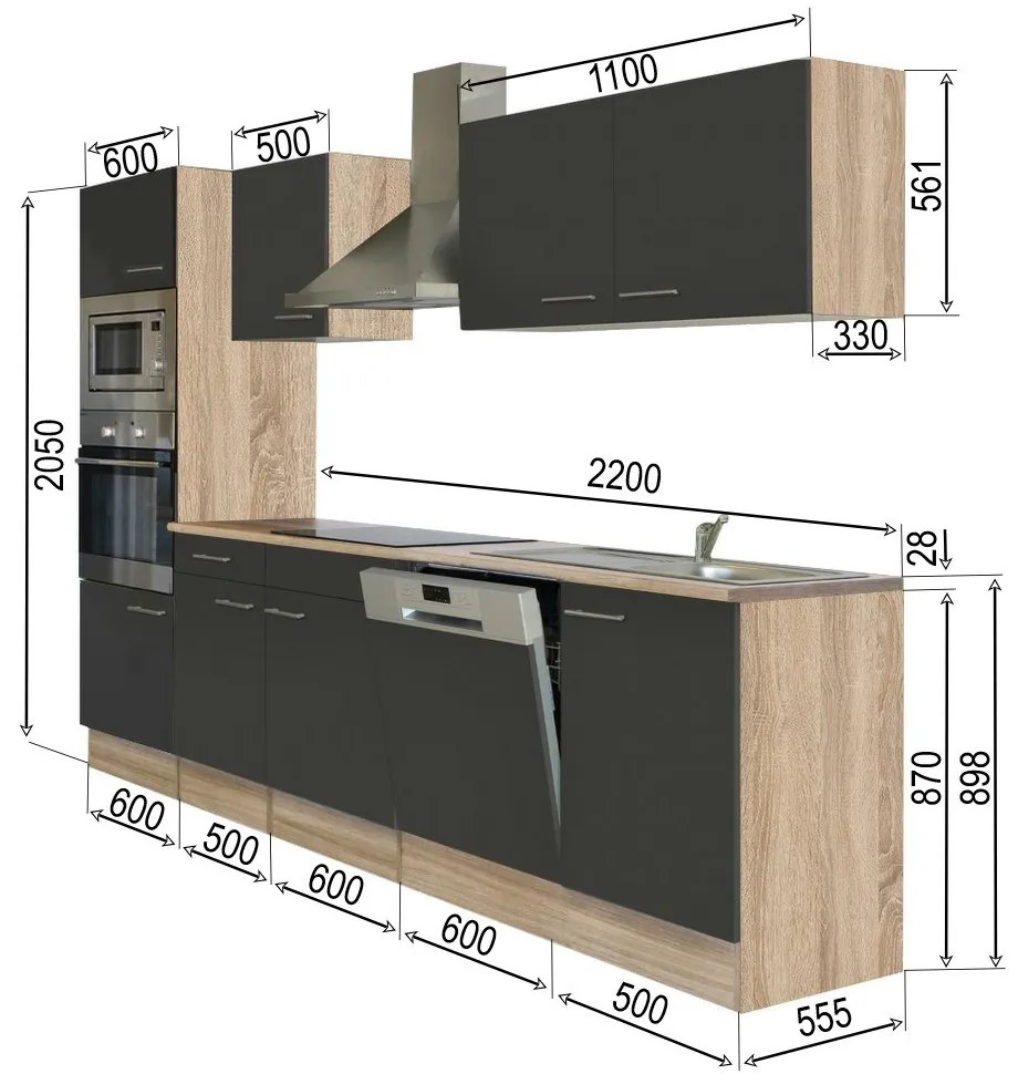 Mobilă de bucătărie Yorki 280 cu corp din stejar sonoma și față antracit satinat