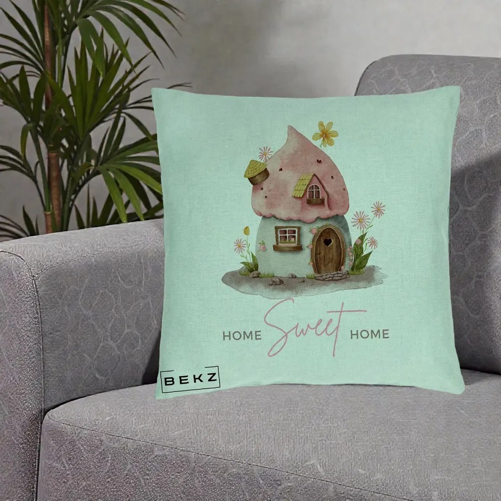 Perna Decorativa Home Sweet Home Casuta, 40x40 cm, Verde Menta, Husa Detasabila, Perna Inclusa, BEKZ®