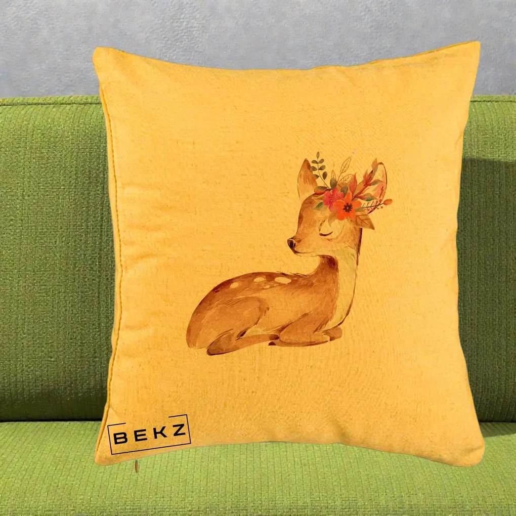 Perna Decorativa Caprioara cu Flori in Coama, 40x40 cm, Galben, Husa Detasabila, Perna Inclusa, BEKZ®