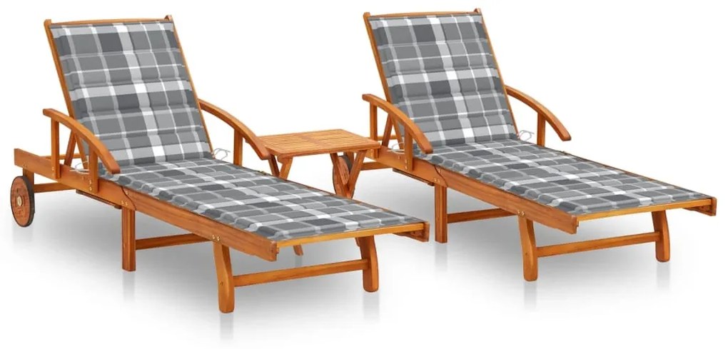 vidaXL Șezlonguri, 2 buc., cu masă și perne, lemn masiv de acacia