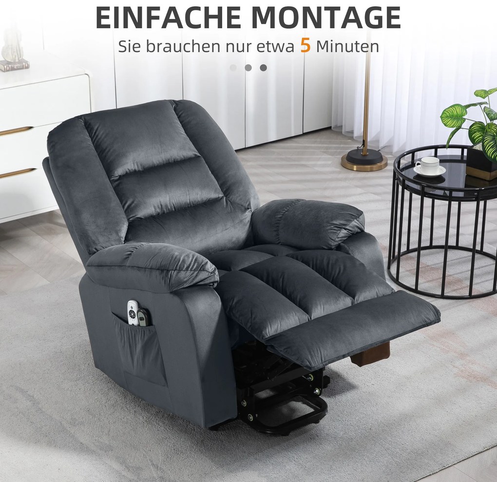 HOMCOM Fotoliu de masaj cu funcție de ridicare pentru persoane în vârstă, fotoliu de relaxare cu 8 puncte de masaj, 2 buzunare laterale, 85 cm x 94 cm x 107cm, Gri | Aosom Romania