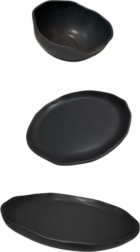 Set Farfurii NOVUM Vulcano 3 piese Negru Mat Carbon (1 Farfurie 26cm, 1 Farfurie 20cm, 1 Bol 480ml) Glazurat Manual