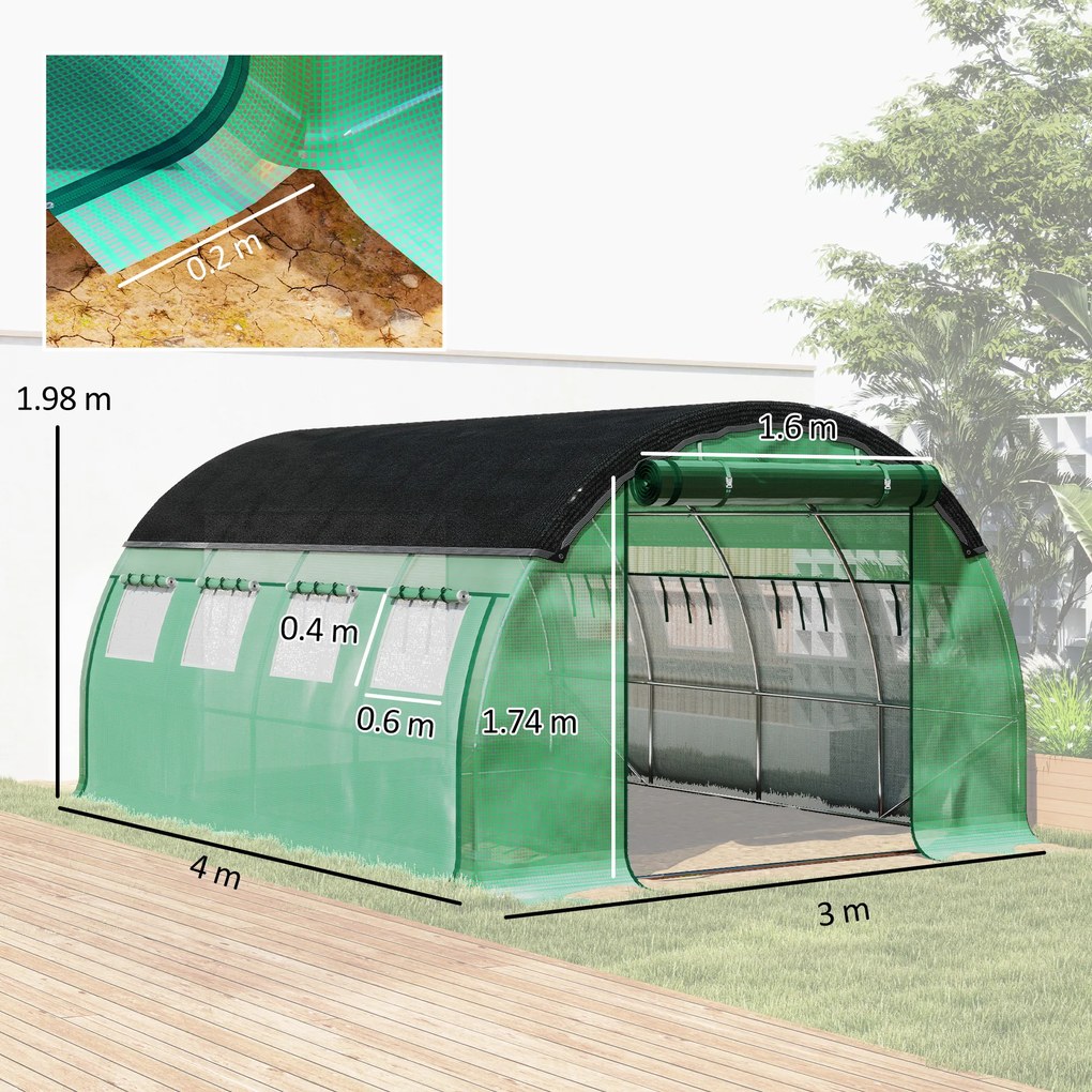 Outsunny Seră de Grădină Tip Tunel 4x3x2 m cu Plasă de Umbrire, Seră pentru Grădină cu 8 Ferestre, 2 Uși și Pereți Laterali Rulanți, Cadru din Oțel și Acoperire din PE, pentru Legume și Flori, Verde | Aosom Romania