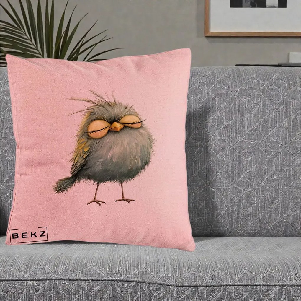 Perna Decorativa Pasare Teal Adormita cu Ochi Galbeni, 40x40 cm, Roz, Husa Detasabila, Perna Inclusa, BEKZ®