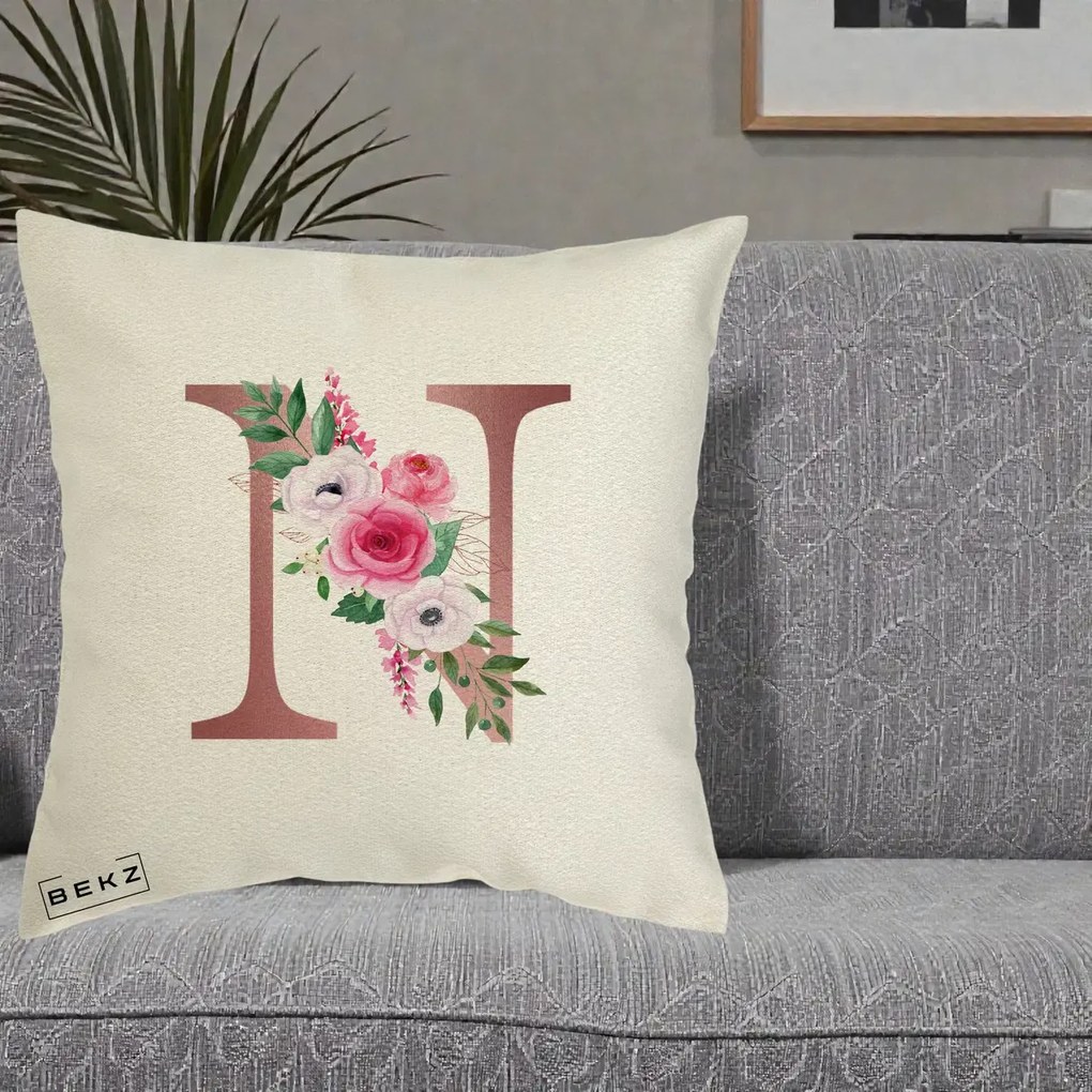 Cadou Personalizat - Perna Personalizata Monograma Rose Gold Litera N, 40x40 cm, Ecru, Husa Detasabila, Perna Inclusa, BEKZ®