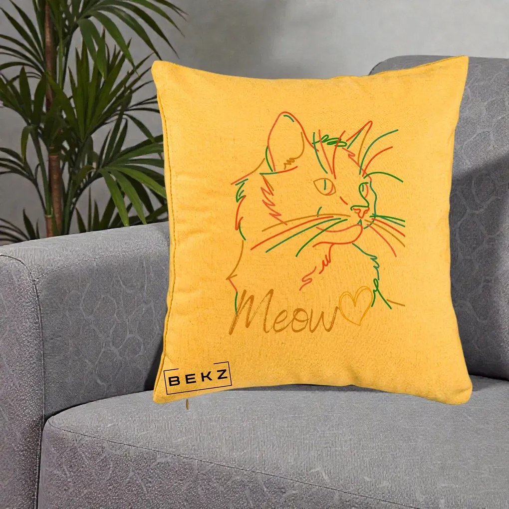 Perna Personalizata Pisica Meow Arta Linie Colorata, 40x40 cm, Galben, Husa Detasabila, Perna Inclusa, BEKZ®
