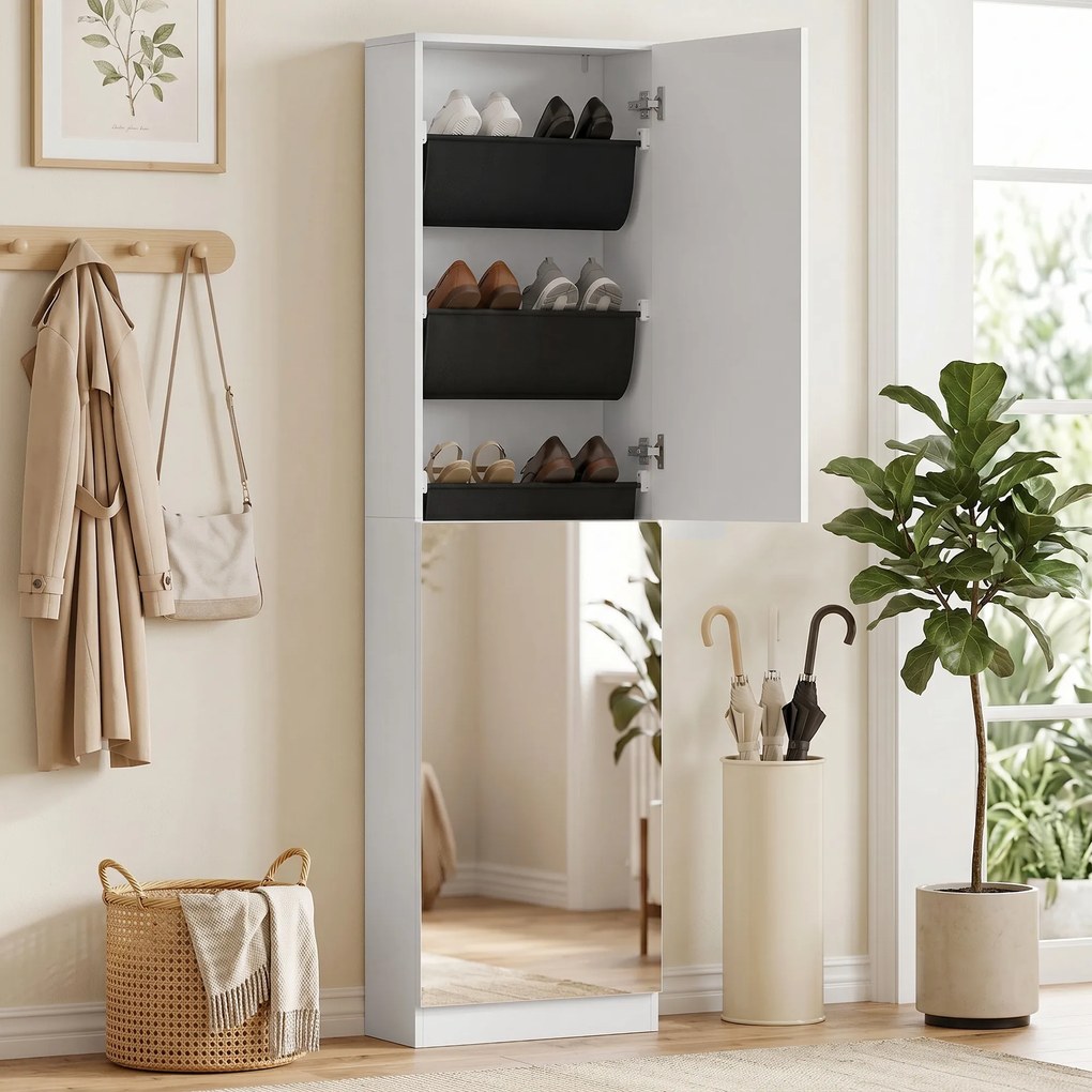 HOMCOM Dulap pentru Pantofi cu Oglindă, Uși Reversibile cu 5 Rafturi din Material Textil, 50 x 20 x 180 cm, Alb | Aosom Romania