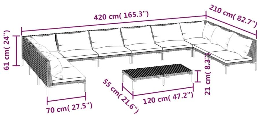 Set mobilier de gradina cu perne 11 piese gri inchis poliratan 2x colt + 8x mijloc + masa, 1