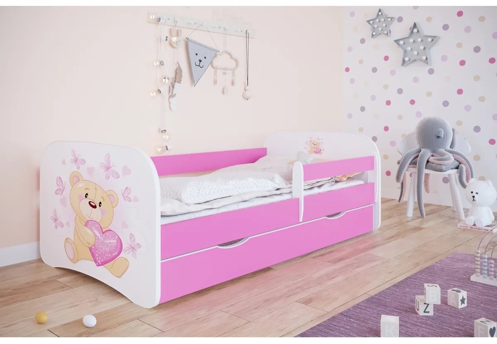 Pat pentru copii Ourbaby cu sina de siguranta-ursuleti-roz 140x70 cm pat fără spațiu de depozitare