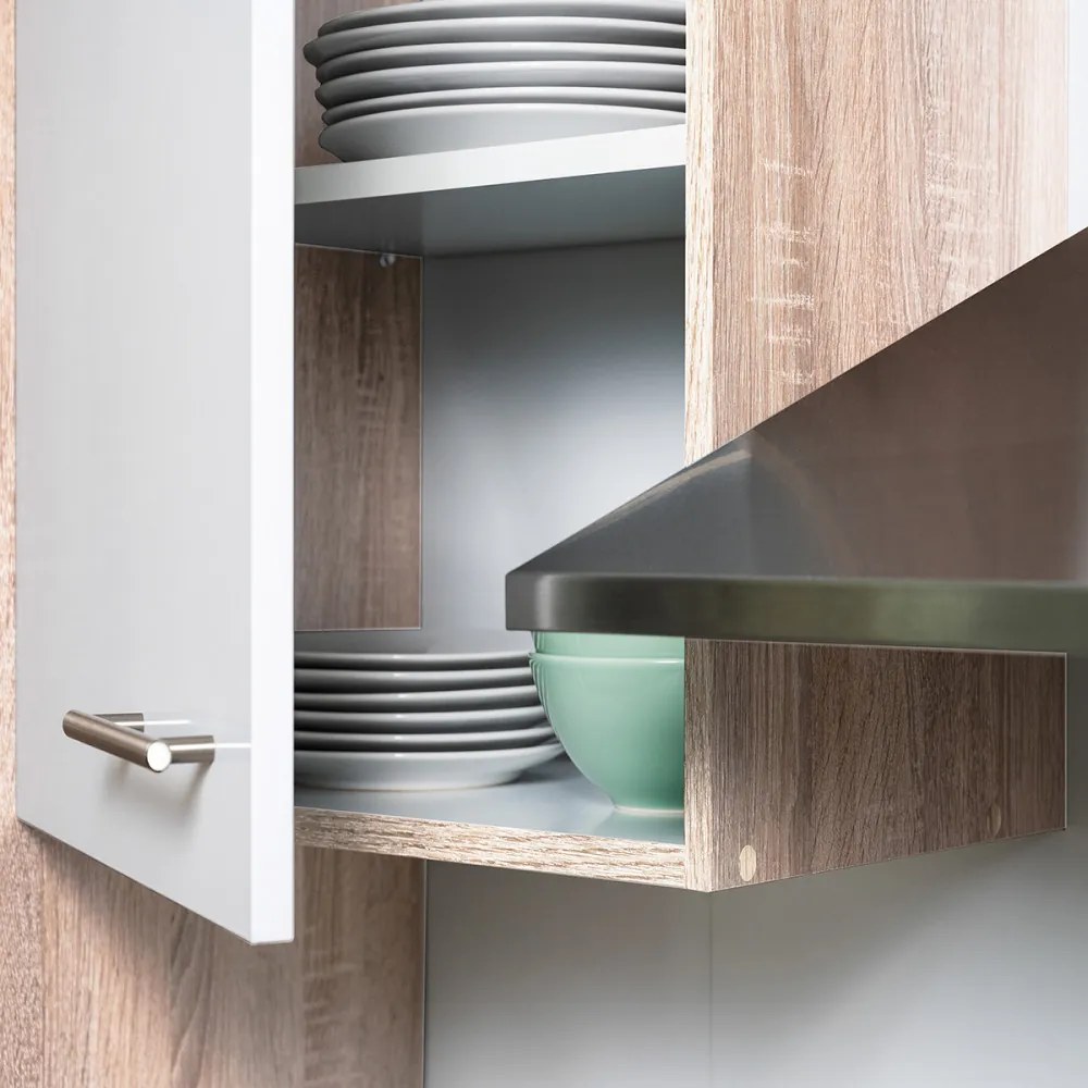 Mobilă de bucătărie de colț Yorki 340, corp din stejar Sonoma, cu față alb satinat