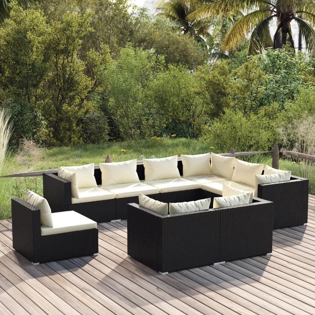 3102639 vidaXL Set mobilier de grădină cu perne, 9 piese, negru, poliratan