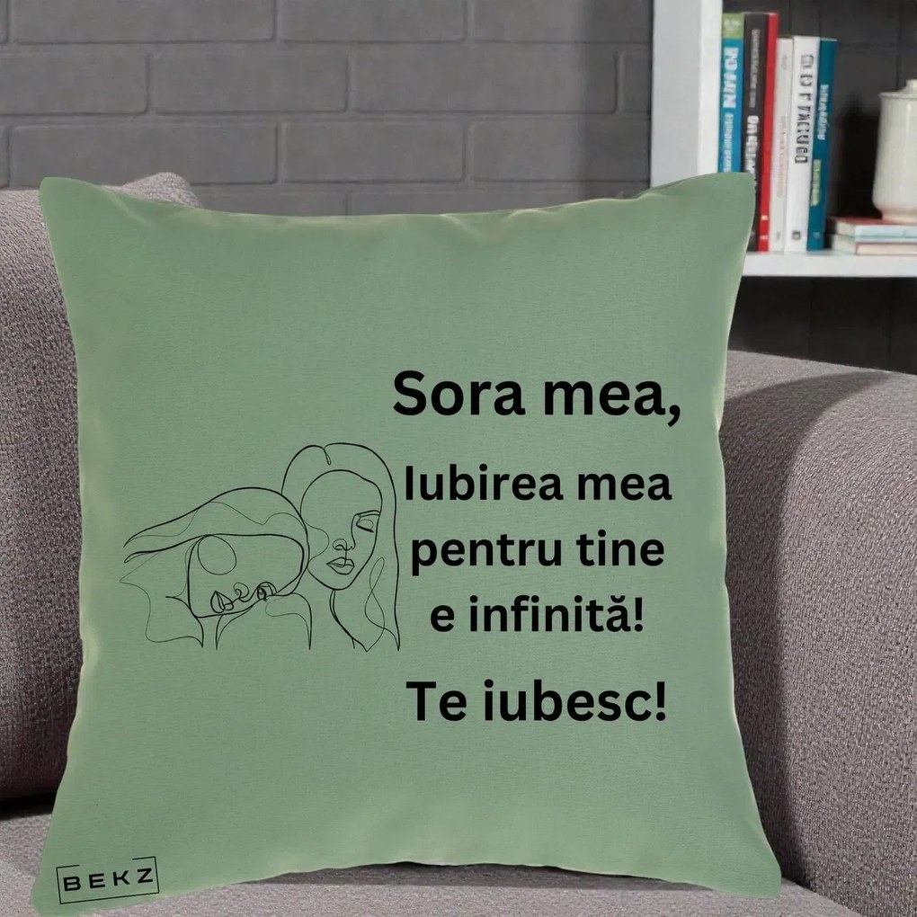Cadou pentru Sora - Perna Personalizata Sora Mea Te Iubesc Line Art Portrete Fata in Fata, 40x40 cm, Verde, Husa Detasabila, Perna Inclusa, BEKZ®