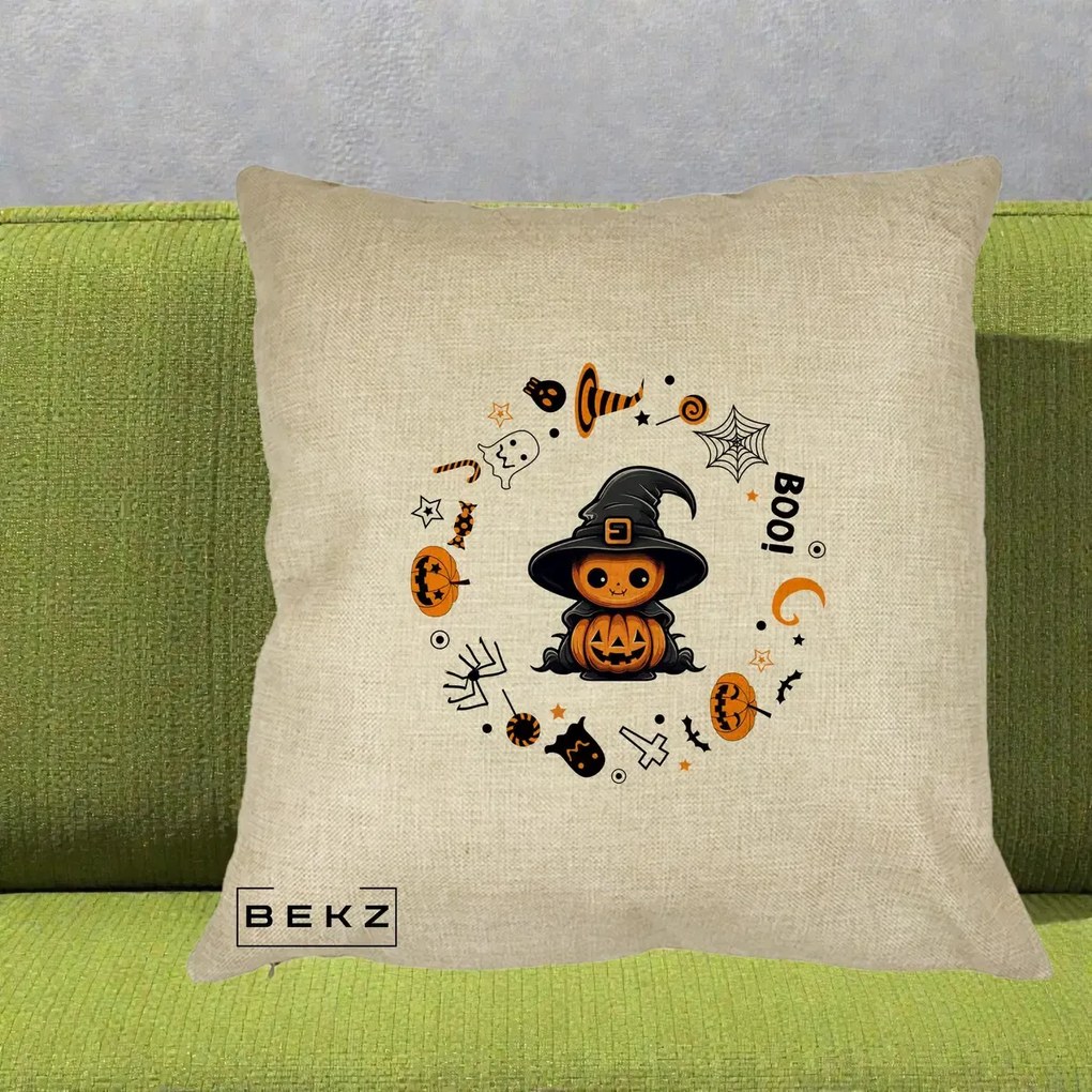 Perna Decorativa Halloween Dovleac Vrajitor Boo cu Simboluri, 40x40 cm, Crem, Husa Detasabila, Perna Inclusa, BEKZ®