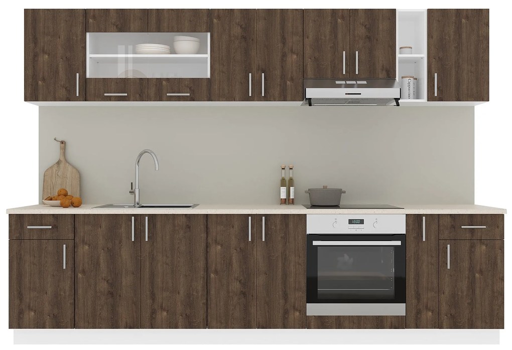 Set Bucatarie Karo V25, Stejar Bronz/Alb, Blat Thermo 28 mm, L 300 cm