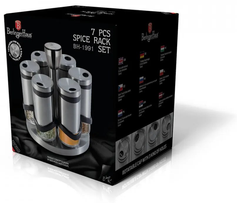 Set 6 recipiente pentru condimente 120 ml si suport rotativ din otel inoxidabil Spiceholders Berlinger Haus BH 1991