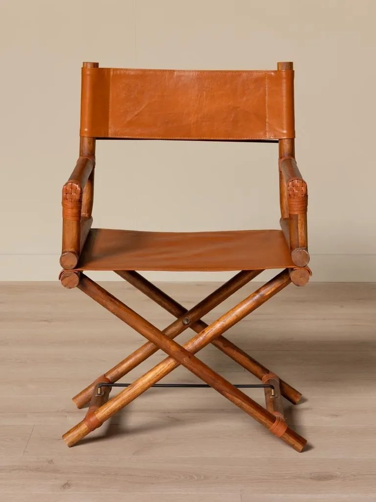 Scaun de dining pliabil din piele camel și lemn de tec cu finisaj natural, 92×58×46 cm, înălțime șezut 52 cm, „Explorer"