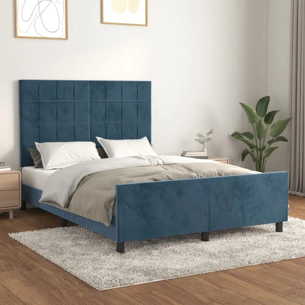 3125755 vidaXL Cadru de pat cu tăblie, albastru închis, 140x190 cm, catifea