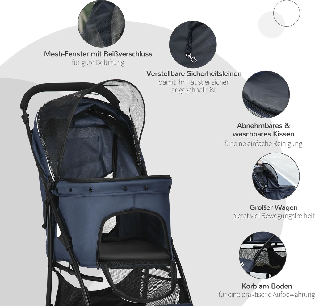 PawHut cărucior pentru câini, pliabil, 1 coș, 1 pernă, 1 buzunar lateral, 81 cm x 48 cm x 99 cm, gri | Aosom Romania