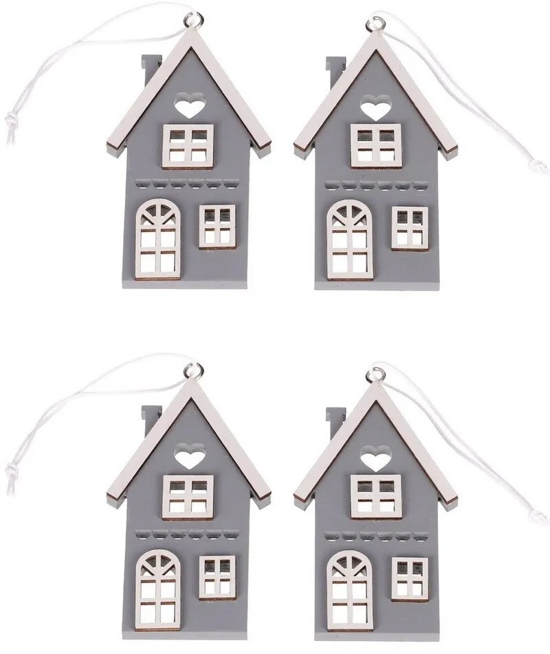 Căsuță suspendată din lemn, gri, înălțime 9 cm, SET DE 4 PIESE