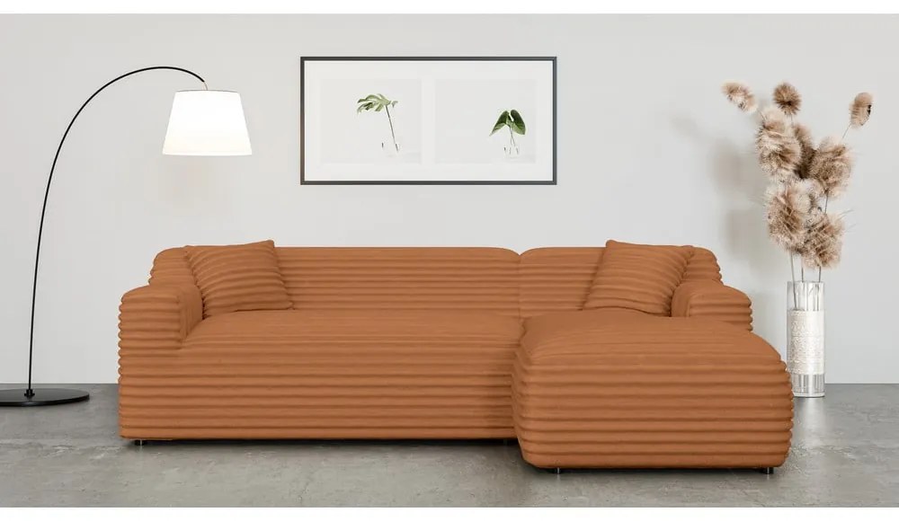 Colțar teracotă cu tapițerie din catifea reiată (cu colț pe partea dreaptă, cu șezlong) Martin – Ropez