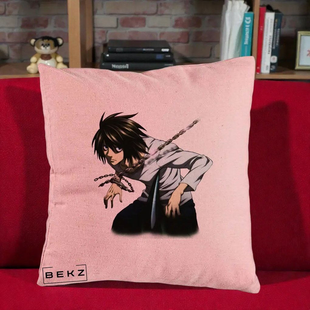 Perna Personalizata Death Note L Lawliet Lanturi, 40x40 cm, Roz, Husa Detasabila, Perna Inclusa, BEKZ®