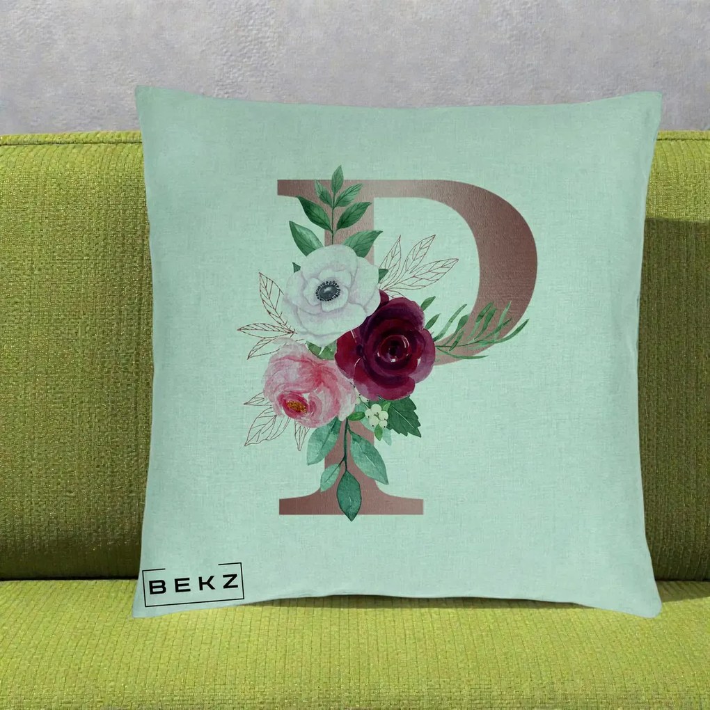 Cadou Personalizat - Perna Personalizata Monograma Rose Gold Litera P, 40x40 cm, Verde Menta, Husa Detasabila, Perna Inclusa, BEKZ®