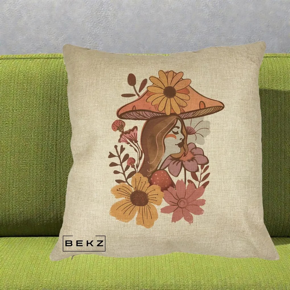 Perna Decorativa Fata Ciuperca Florala Boho, 40x40 cm, Crem, Husa Detasabila, Perna Inclusa, BEKZ®