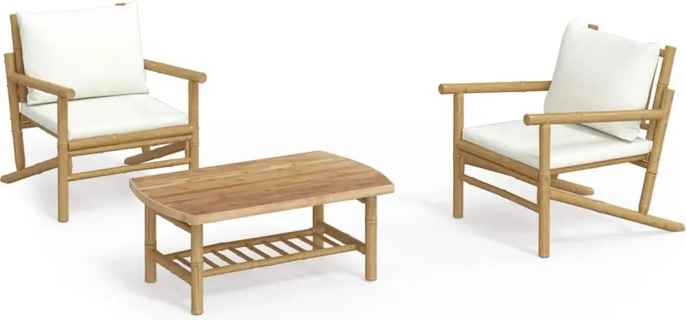 vidaXL Set mobilier de grădină, cu perne alb crem, 3 piese, bambus