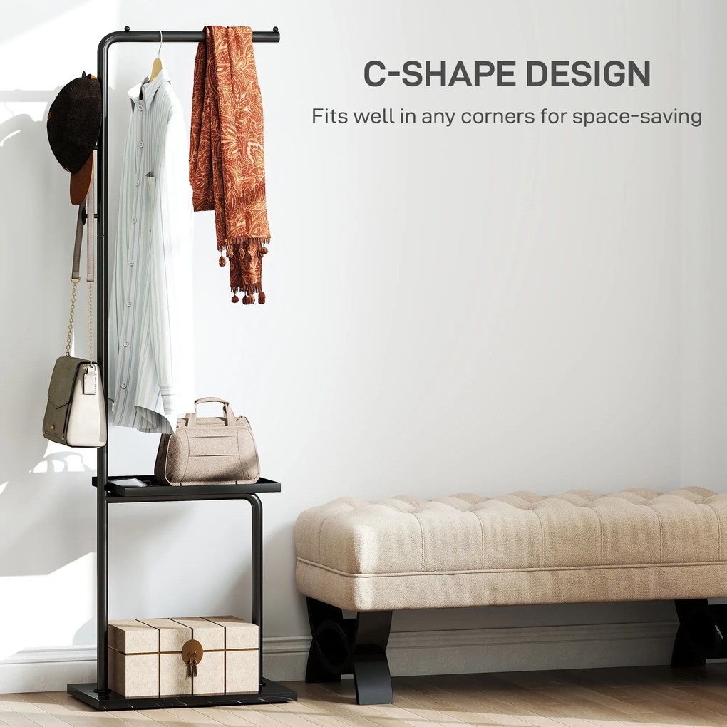 HOMCOM Cuier de Podea în Formă de C cu 3 Cârlige, Bază din piatră și Picioare Antiderapante, 45x28x148 cm, Negru | Aosom Romania
