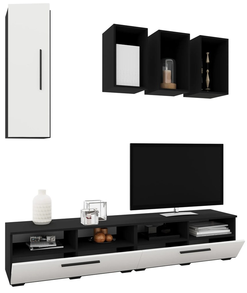 Living Kos V12, Negru/Alb Lucios, MDF, L 190 cm