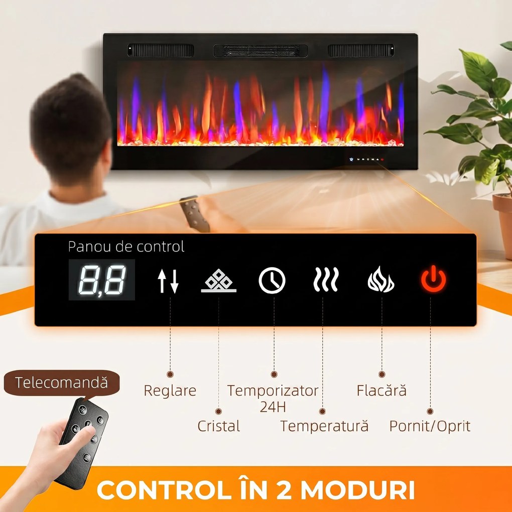 HOMCOM Șemineu Electric de Încorporat cu Flacără Independentă, 3 Moduri de Încălzire și Telecomandă, 106.7x9.4x47 cm, Negru | Aosom Romania