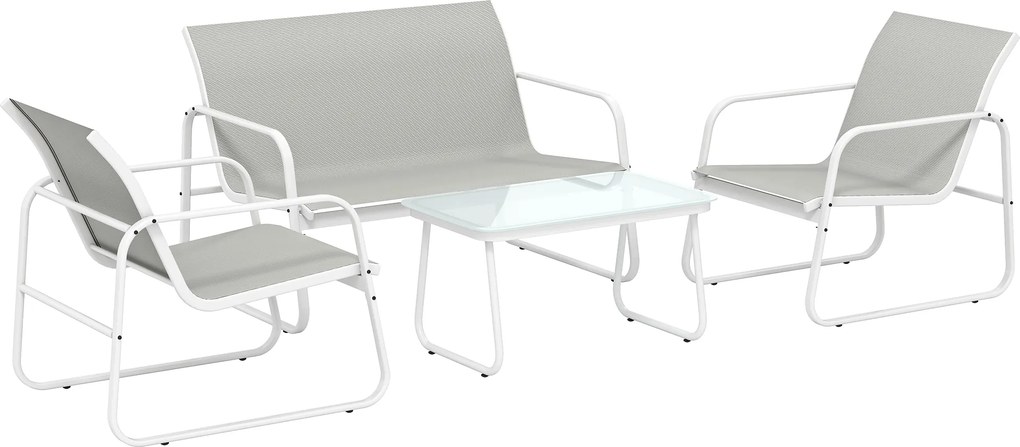 Outsunny Set de grădină exterior de 4 piese cu canapea de 2 locuri, 2 fotolii, masă cu sticlă securizată, textilene gri deschis | Aosom Romania