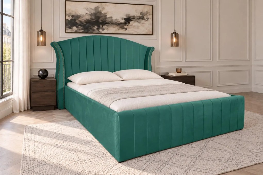 Pat tapițat din catifea Velluto Line 160×200 cm, verde, cu ladă de depozitare