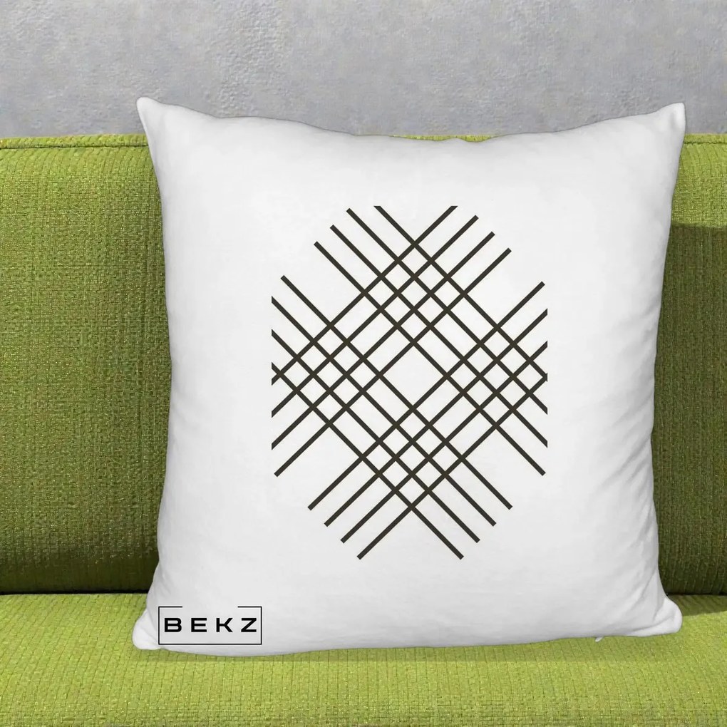 Perna Decorativa Geometric Grid, 40x40 cm, Alb Pufos, Husa Detasabila, Perna Inclusa, BEKZ®