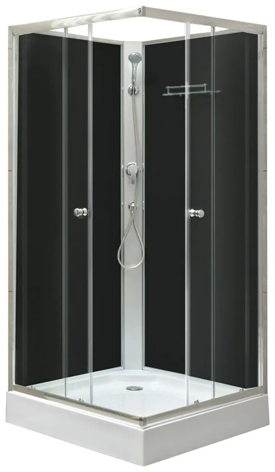 Cabină de duș pătrată Polo Black II neagră cu perete posterior, cu cădiță de duș acrilică, dimensiuni 80x80x195 cm