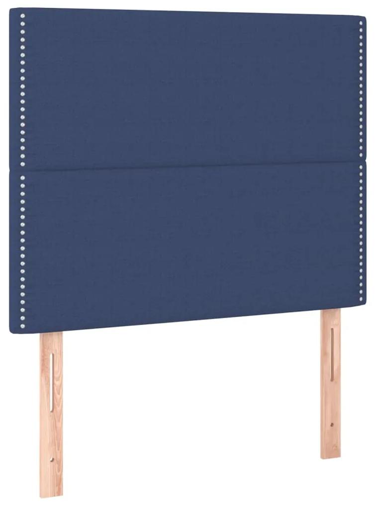 Pat box spring cu saltea, albastru, 100x200 cm, textil Albastru, 100 x 200 cm, Culoare unica si cuie de tapiterie
