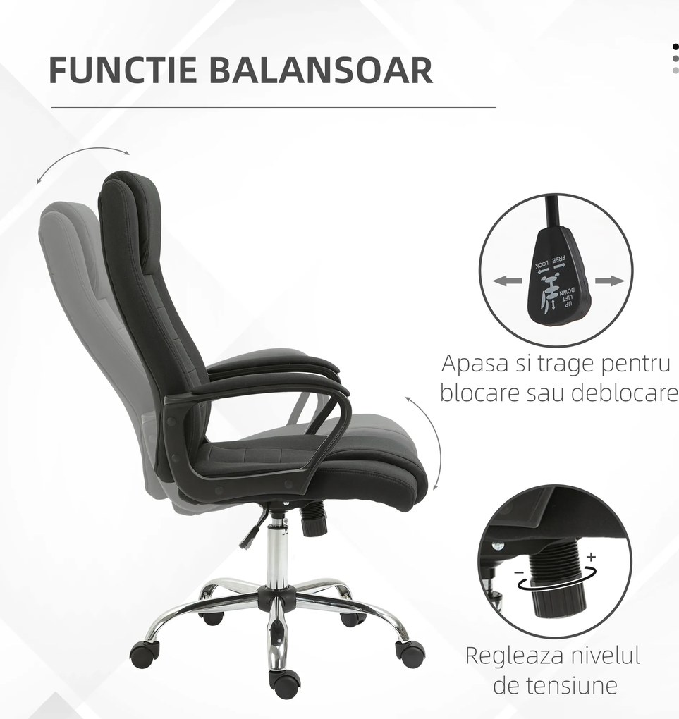 Vinsetto Scaun de Birou Ergonomic, Basculant și Captusit cu Înălțime Reglabilă, 62x76x110-119 cm, Negru | Aosom Romania