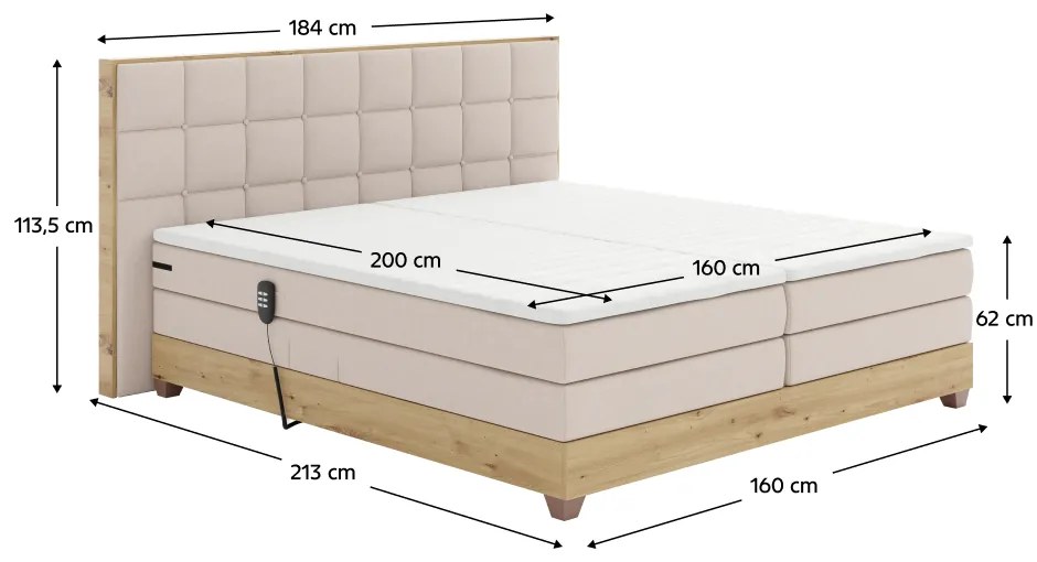 Pat electric reglabil, boxspring, bej/stejar artizanal, 160x200, TIANA
