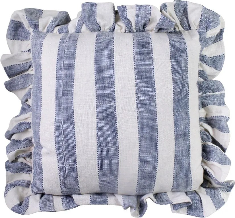 Față de pernă din bumbac organic, albastru și alb, model în dungi cu volănaș decorativ, 45 × 45 cm, „Ida Stripe"