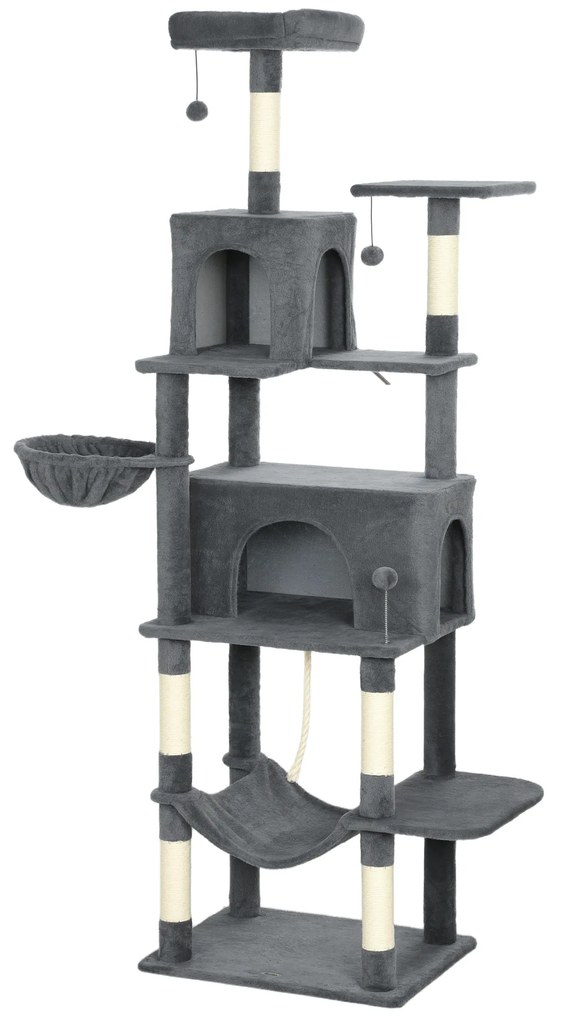 PawHut Arborele pentru Pisici mare, 202 cm, cu 6 Stâlpi de Zgâriat, 2 Hamace, 2 Stinghii, 2 Pompoane, Gri inchis | Aosom Romania