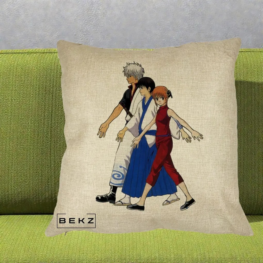 Perna Personalizata Gintama Trio Gintoki Shinpachi Kagura, 40x40 cm, Crem, Husa Detasabila, Perna Inclusa, BEKZ®