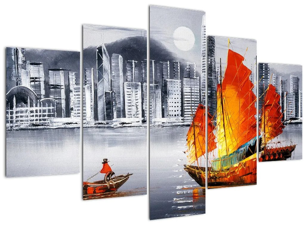Tablou - Victoria Harbour, Hong Kong, pictură în ulei alb- negru (150x105 cm)