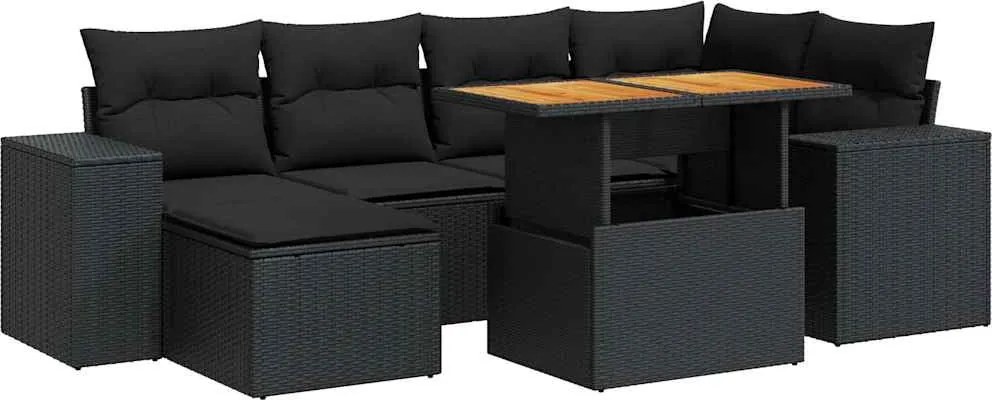 vidaXL Set canapele de grădină cu perne, 7 piese, negru, poliratan