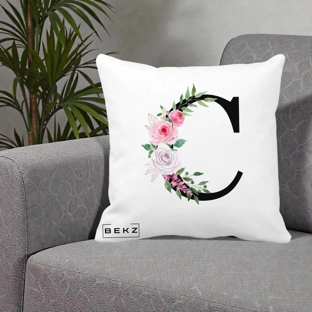 Cadou Personalizat - Perna Personalizata Monograma Florala Litera C, 40x40 cm, Alba Mata, Husa Detasabila, Perna Inclusa, BEKZ®