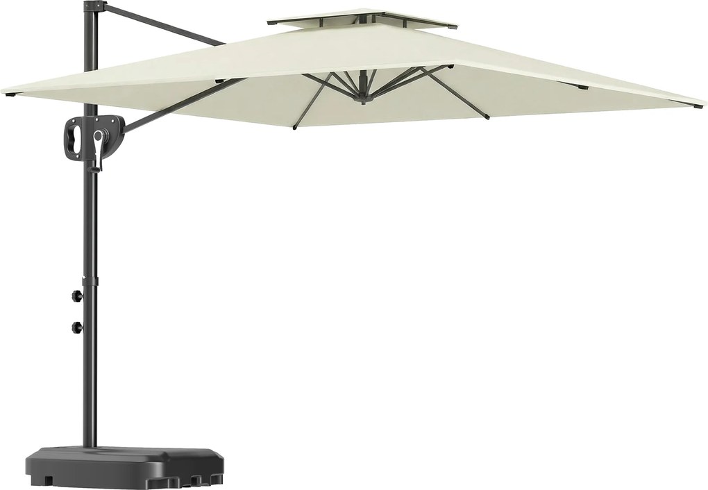Outsunny Umbrelă cu braț lateral pătrată 2,5 x 2,5 m, umbrelă pentru grădină exterioară, dublă ventilare, înclinabilă, 2 baze, manivelă, Crem | Aosom Romania