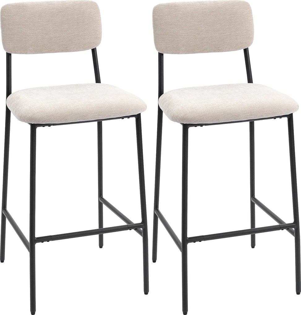 HOMCOM Set 2 Scaune de Bar, Scaune de Bucătărie Înalte în Chenille cu Spătar Înalt, Suport pentru Picioare și Sezut Moale Gros, Structură din Oțel, Scaune Înalte de Bar, pentru Peninsula, Sala de Mese, Bar, Crem | Aosom Romania